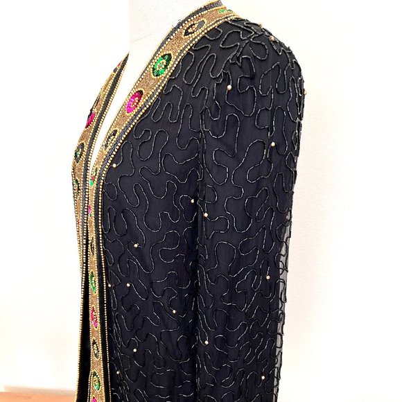 80's Silk Beaded Evening Jacket - Lawrence Kazar - SIze Petite Medium - Picture 7 of 11
